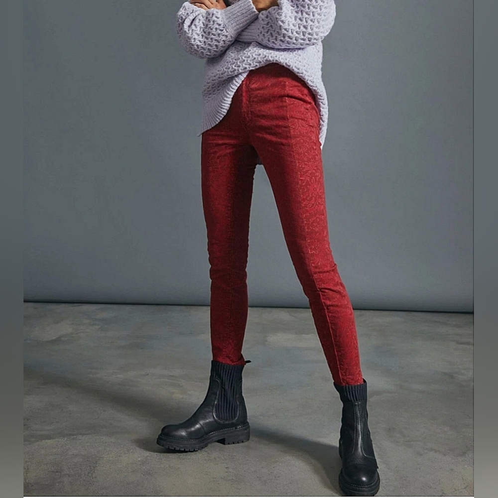 Anthropologie Pilcro NWT Flocked High Rise Denim Legging Red Raspberry